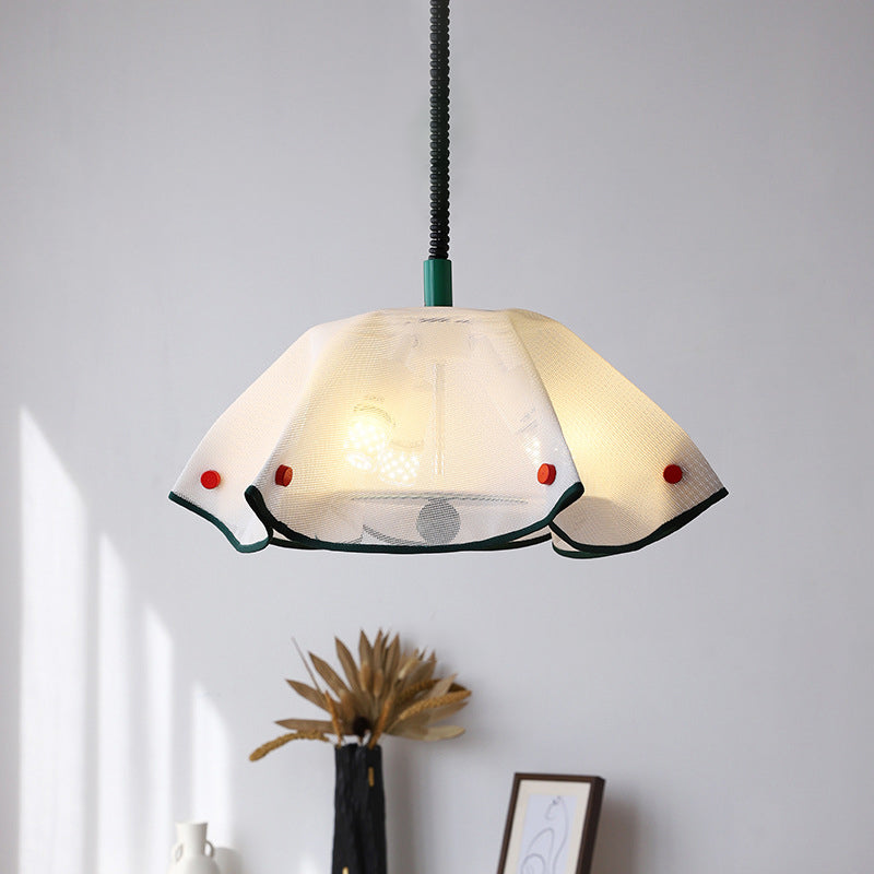 Modern Mid-Century Iron, Acrylic & Fabric Petal Shaped 3-Light Pendant Light For Bedroom & Living Room