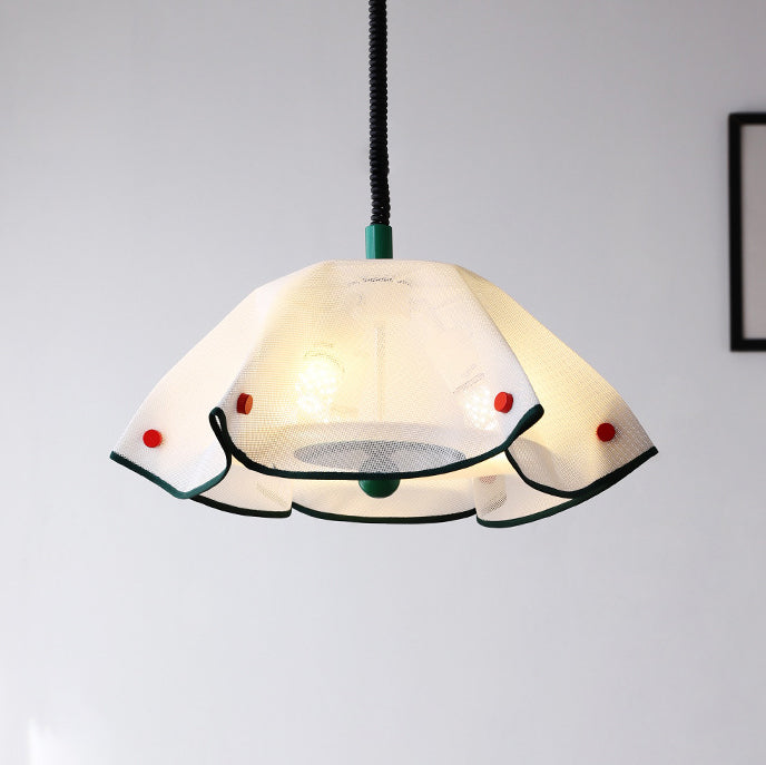 Modern Mid-Century Iron, Acrylic & Fabric Petal Shaped 3-Light Pendant Light For Bedroom & Living Room