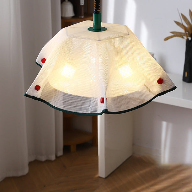 Modern Mid-Century Iron, Acrylic & Fabric Petal Shaped 3-Light Pendant Light For Bedroom & Living Room