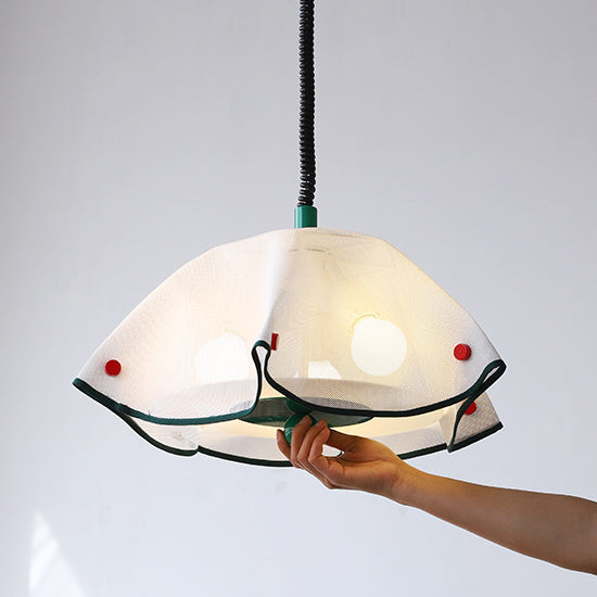 Modern Mid-Century Iron, Acrylic & Fabric Petal Shaped 3-Light Pendant Light For Bedroom & Living Room
