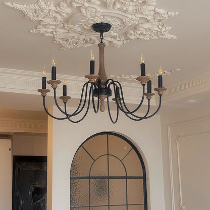 Traditional Rustic Wood & Iron Candle Holder Branching Iron Rod 5/6/8 Light Chandelier For Living Room