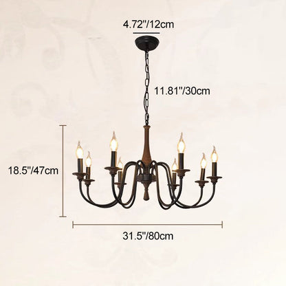 Traditional Rustic Wood & Iron Candle Holder Branching Iron Rod 5/6/8 Light Chandelier For Living Room