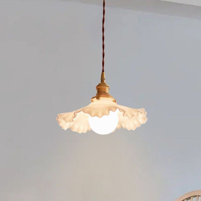 Traditional French Brass Glass Flower-Shaped 1-Light Pendant Light For Bedroom & Living Room