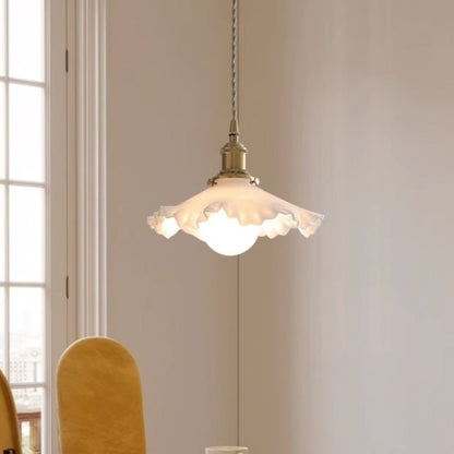 Traditional French Brass Glass Flower-Shaped 1-Light Pendant Light For Bedroom & Living Room