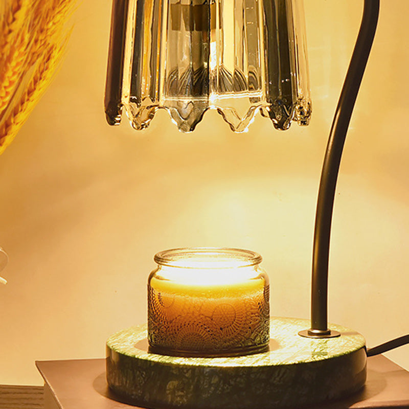 Modern Art Deco Iron Glass & Marble Round Base & Flower Shade 1-Light Aroma Melting Wax Table Lamp For Bedroom & Living Room