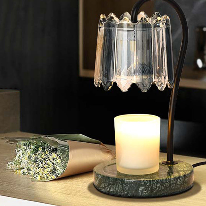 Modern Art Deco Iron Glass & Marble Round Base & Flower Shade 1-Light Aroma Melting Wax Table Lamp For Bedroom & Living Room