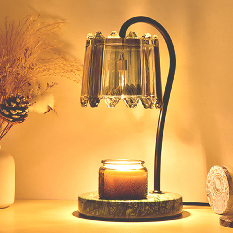 Modern Art Deco Iron Glass & Marble Round Base & Flower Shade 1-Light Aroma Melting Wax Table Lamp For Bedroom & Living Room