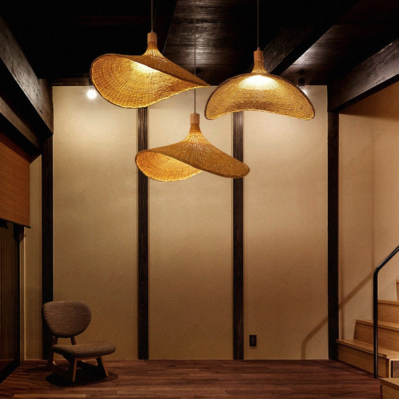 Traditional Chinese Bamboo Straw Hat 1-Light Pendant Light For Bedroom & Living Room