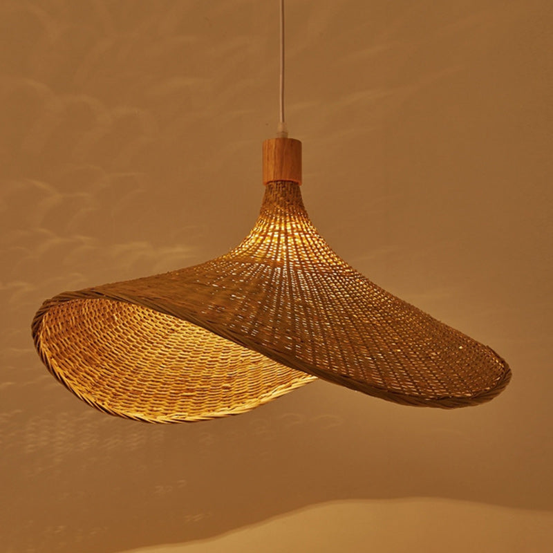 Traditional Chinese Bamboo Straw Hat 1-Light Pendant Light For Bedroom & Living Room