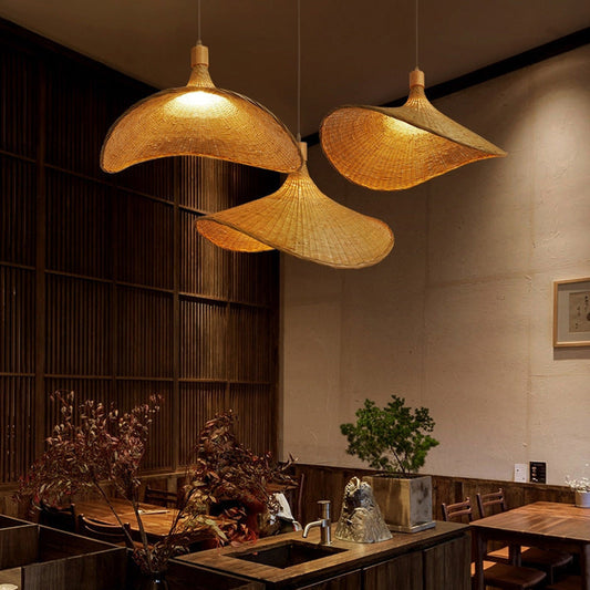 Traditional Chinese Bamboo Straw Hat 1-Light Pendant Light For Bedroom & Living Room