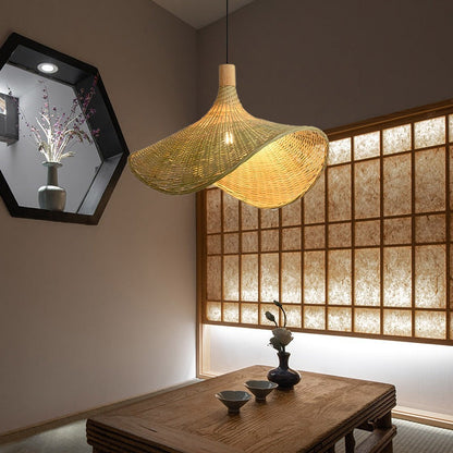 Traditional Chinese Bamboo Straw Hat 1-Light Pendant Light For Bedroom & Living Room