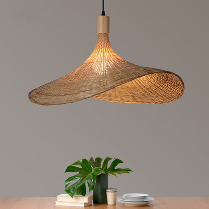 Traditional Chinese Bamboo Straw Hat 1-Light Pendant Light For Bedroom & Living Room