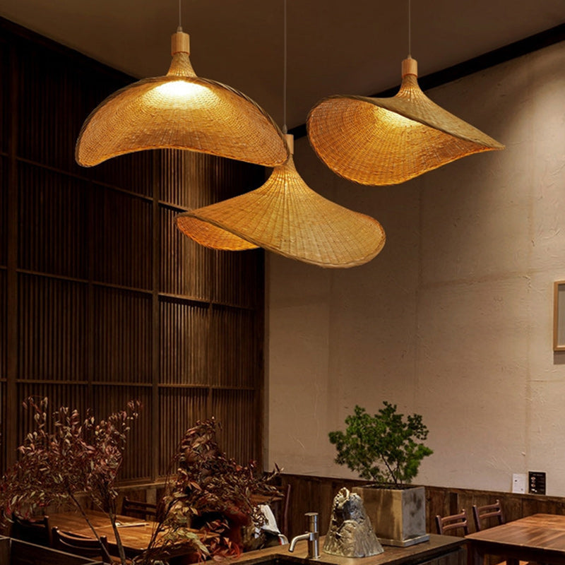 Traditional Chinese Bamboo Straw Hat 1-Light Pendant Light For Bedroom & Living Room