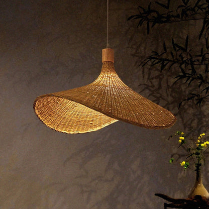 Traditional Chinese Bamboo Straw Hat 1-Light Pendant Light For Bedroom & Living Room