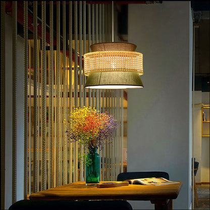 Traditional Japanese Rattan & Fabric Round Trapezoid 1-Light Pendant Light For Dining & Living Room