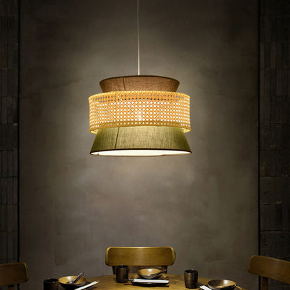Traditional Japanese Rattan & Fabric Round Trapezoid 1-Light Pendant Light For Dining & Living Room