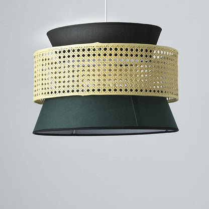 Traditional Japanese Rattan & Fabric Round Trapezoid 1-Light Pendant Light For Dining & Living Room