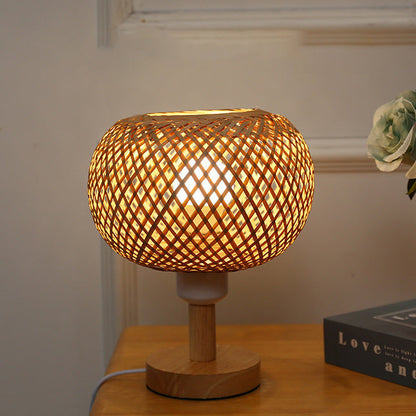 Traditional Rustic Wood & Bamboo Hollow Woven Round 1-Light Table Lamp For Bedroom & Living Room