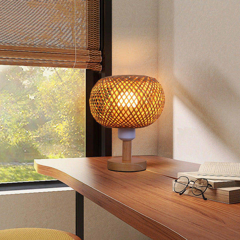 Traditional Rustic Wood & Bamboo Hollow Woven Round 1-Light Table Lamp For Bedroom & Living Room