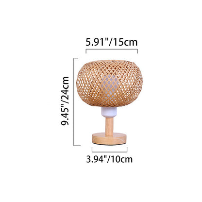 Traditional Rustic Wood & Bamboo Hollow Woven Round 1-Light Table Lamp For Bedroom & Living Room