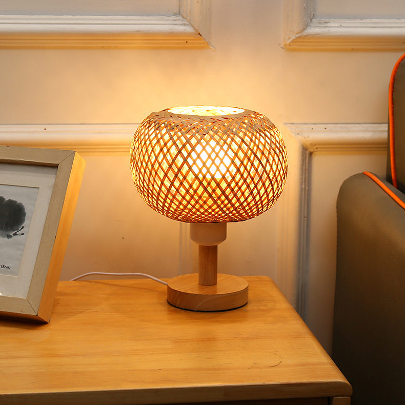 Traditional Rustic Wood & Bamboo Hollow Woven Round 1-Light Table Lamp For Bedroom & Living Room
