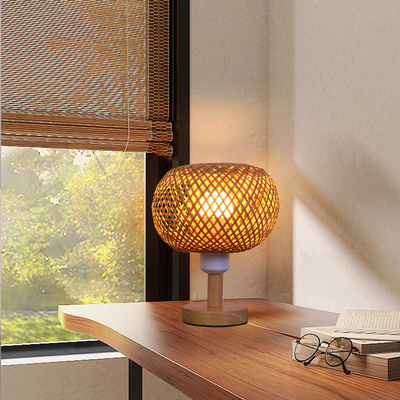 Traditional Rustic Wood & Bamboo Hollow Woven Round 1-Light Table Lamp For Bedroom & Living Room
