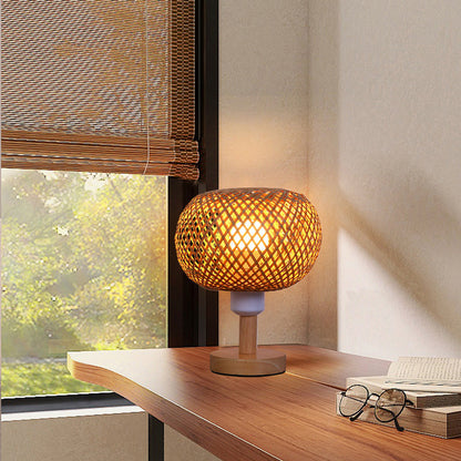 Traditional Rustic Wood & Bamboo Hollow Woven Round 1-Light Table Lamp For Bedroom & Living Room