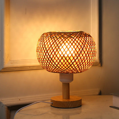 Traditional Rustic Wood & Bamboo Hollow Woven Round 1-Light Table Lamp For Bedroom & Living Room