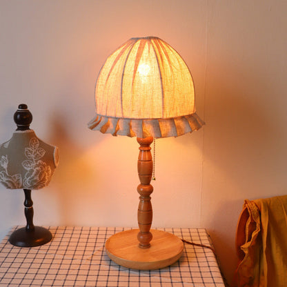 Traditional French Wood & Fabric Lace-Trim Dome Shade 1-Light Table Lamp For Bedroom & Living Room