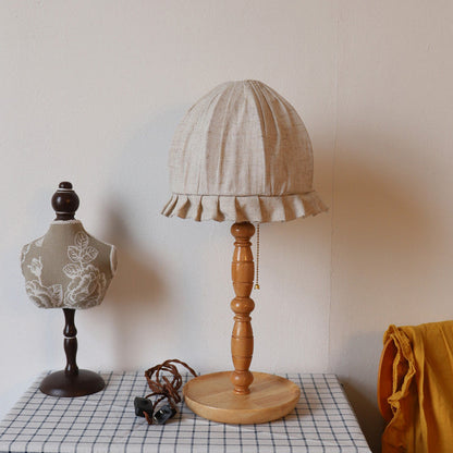 Traditional French Wood & Fabric Lace-Trim Dome Shade 1-Light Table Lamp For Bedroom & Living Room