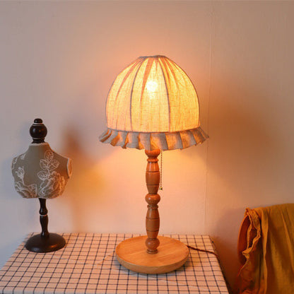 Traditional French Wood & Fabric Lace-Trim Dome Shade 1-Light Table Lamp For Bedroom & Living Room