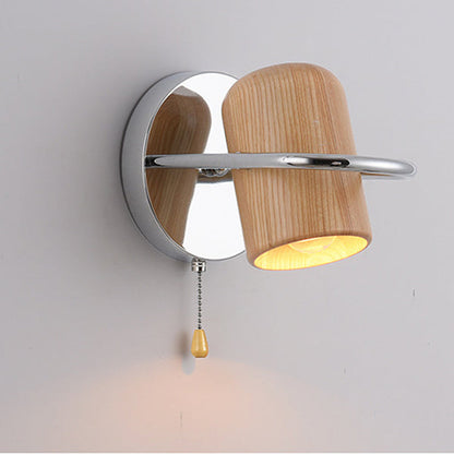 Contemporary Nordic Wood & Iron Cylindrical Shade 1-Light Wall Sconce Lamp For Bedroom & Living Room