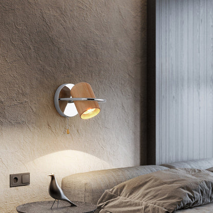 Contemporary Nordic Wood & Iron Cylindrical Shade 1-Light Wall Sconce Lamp For Bedroom & Living Room