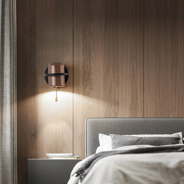 Contemporary Nordic Wood & Iron Cylindrical Shade 1-Light Wall Sconce Lamp For Bedroom & Living Room