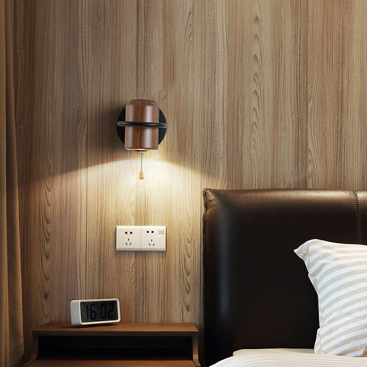 Contemporary Nordic Wood & Iron Cylindrical Shade 1-Light Wall Sconce Lamp For Bedroom & Living Room