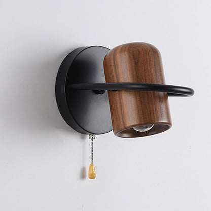 Contemporary Nordic Wood & Iron Cylindrical Shade 1-Light Wall Sconce Lamp For Bedroom & Living Room