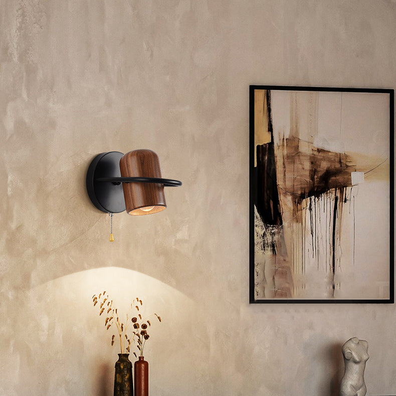 Contemporary Nordic Wood & Iron Cylindrical Shade 1-Light Wall Sconce Lamp For Bedroom & Living Room
