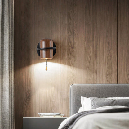 Contemporary Nordic Wood & Iron Cylindrical Shade 1-Light Wall Sconce Lamp For Bedroom & Living Room