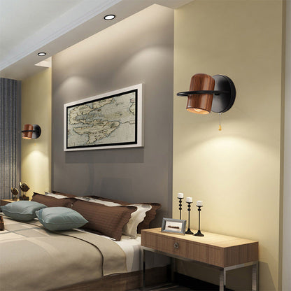 Contemporary Nordic Wood & Iron Cylindrical Shade 1-Light Wall Sconce Lamp For Bedroom & Living Room