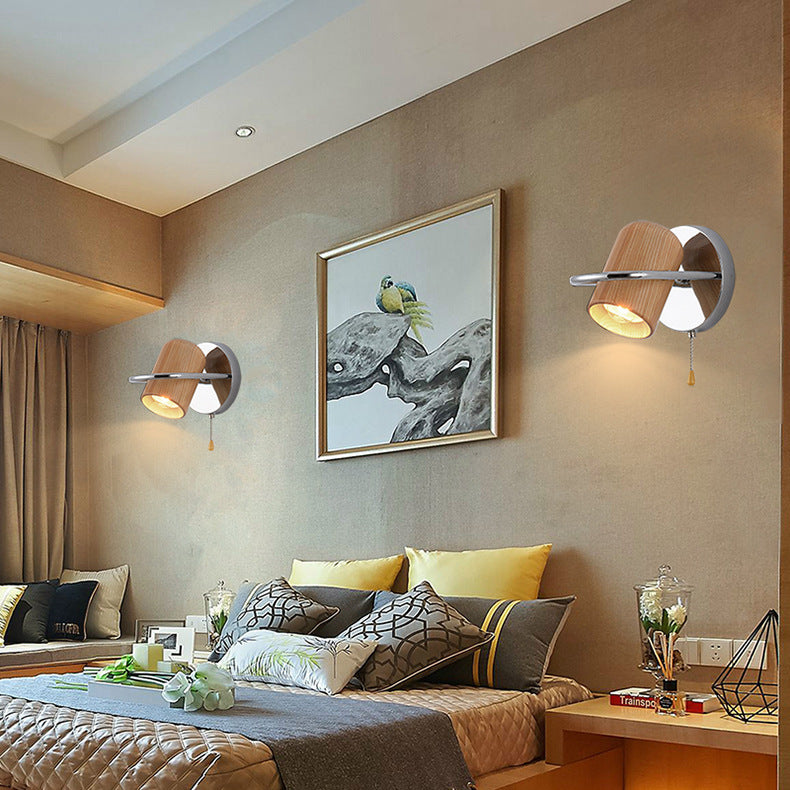 Contemporary Nordic Wood & Iron Cylindrical Shade 1-Light Wall Sconce Lamp For Bedroom & Living Room