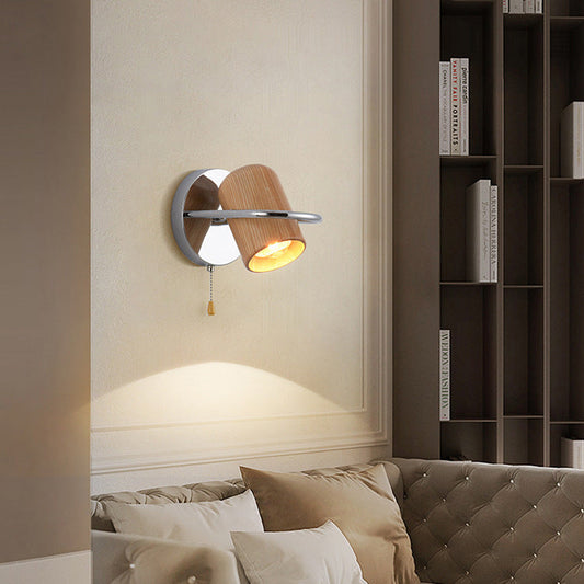 Contemporary Nordic Wood & Iron Cylindrical Shade 1-Light Wall Sconce Lamp For Bedroom & Living Room