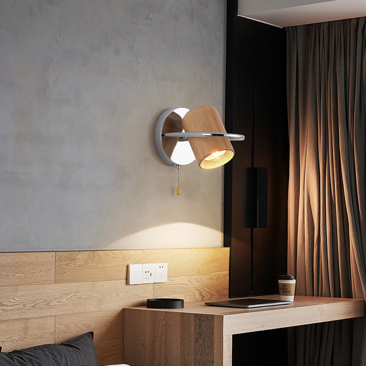 Contemporary Nordic Wood & Iron Cylindrical Shade 1-Light Wall Sconce Lamp For Bedroom & Living Room