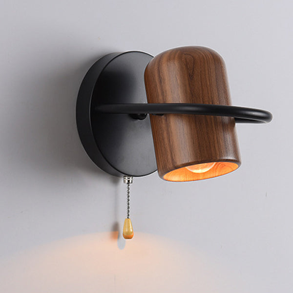 Contemporary Nordic Wood & Iron Cylindrical Shade 1-Light Wall Sconce Lamp For Bedroom & Living Room