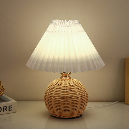 Modern Art Deco Rattan & Fabric Pleated Shade LED Table Lamp For Bedroom & Living Room
