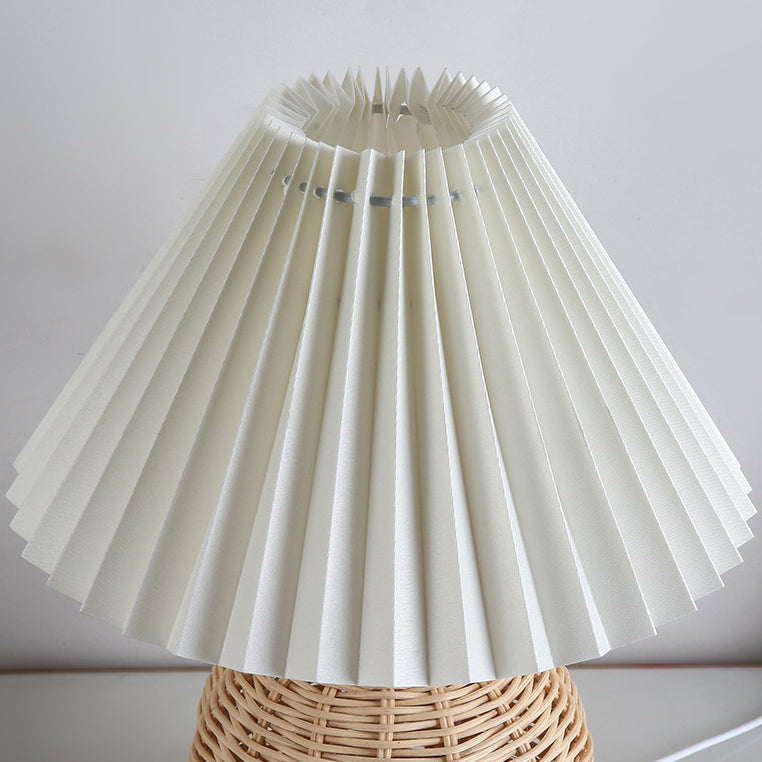 Modern Art Deco Rattan & Fabric Pleated Shade LED Table Lamp For Bedroom & Living Room