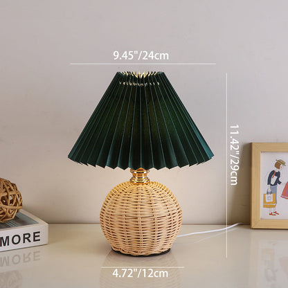 Modern Art Deco Rattan & Fabric Pleated Shade LED Table Lamp For Bedroom & Living Room