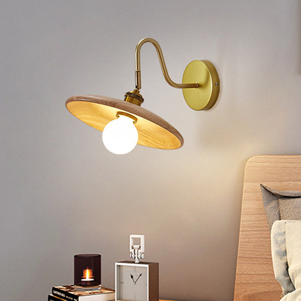 Traditional Japanese Rubberwood, Iron & Acrylic Round Ball 1-Light Adjustable Wall Sconce Lamp For Bedroom & Living Room