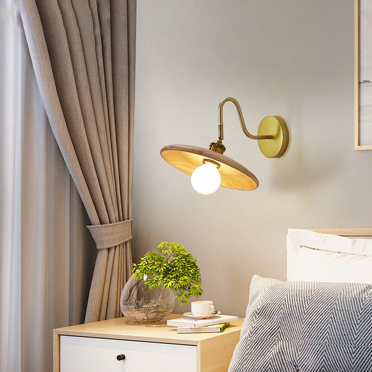 Traditional Japanese Rubberwood, Iron & Acrylic Round Ball 1-Light Adjustable Wall Sconce Lamp For Bedroom & Living Room