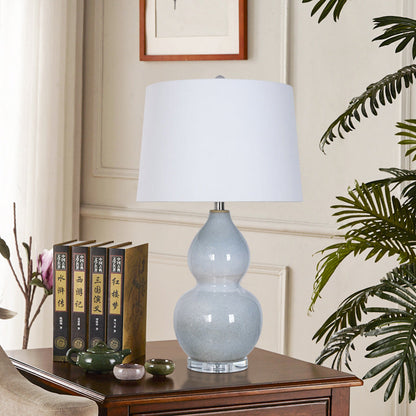 Traditional Chinese Ceramic & Crystal Gourd Base Round Fabric Shade 1-Light Table Lamp For Bedroom & Living Room