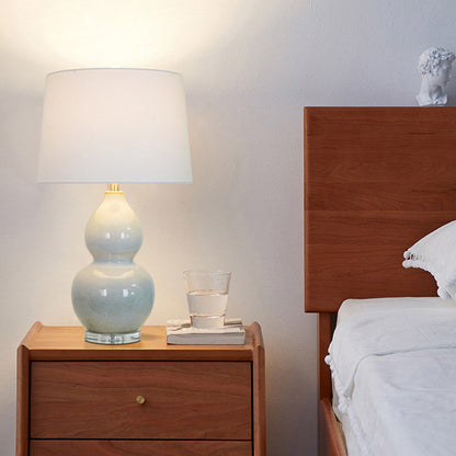 Traditional Chinese Ceramic & Crystal Gourd Base Round Fabric Shade 1-Light Table Lamp For Bedroom & Living Room